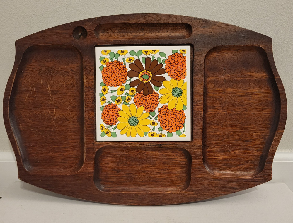 VTG Gail Craft MCM Flower Tile Cheese & Cracker Serving Tray Wood Platter Retro